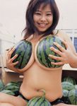  asian breast_hold breasts brown_eyes brown_hair chubby covering curvy food fruit fuko holding huge_breasts japanese navel photo plump real sitting smile solo watermelon 