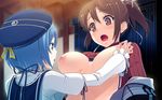  2girls areolae beret blue_hair breasts brown_hair game_cg hair_ribbon hat kokuro_nozomi_(female) large_breasts multiple_girls nipple_teasing nipple_tweak nipples open_clothes open_mouth ponytail ribbon seiranden_aoi surprised tel-o yamiyo_ni_odore yuri 