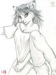  black_and_white bottomless clothed clothing feline female greyscale half-dressed kacey looking_at_viewer mammal monochrome plain_background pussy shy sketch solo white_background young 