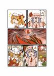  ascot bat_wings blue_hair braid cake comic fang fangs flandre_scarlet food hair_ribbon hat highres hong_meiling multiple_girls red_eyes red_hair remilia_scarlet ribbon short_hair side_ponytail tears touhou wings zetsumame 