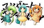  :&gt; :d \o/ arms_up bad_id bad_pixiv_id blue_hair brown_eyes bulbasaur character_name charmander dress fang gen_1_pokemon green_eyes green_hair hands_on_own_face long_hair multiple_girls open_mouth outstretched_arms personification pokemon shiba_itsuki short_hair simple_background smile squirtle tail twintails white_background 