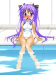  bad_id bad_pixiv_id barefoot blue_eyes blush cosplay covered_navel highres hiiragi_kagami indoors kamia_(not_found) long_hair lucky_star multi multi_(cosplay) pool poolside purple_hair refraction sitting soaking_feet solo sweatdrop swimsuit to_heart twintails very_long_hair water window 