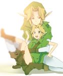  2boys artist_request blonde_hair blue_eyes boots dual_persona hat hug link multiple_boys nintendo ocarina_of_time pointy_ears sitting the_legend_of_zelda the_legend_of_zelda:_ocarina_of_time tunic 
