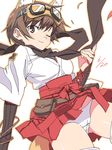  animal_ears bad_id bad_pixiv_id belt brown_eyes brown_hair goggles goggles_on_head hakama_skirt japanese_clothes katou_keiko oekaki one_eye_closed panties pouch scarf short_hair smile solo tail tonbi underwear utility_belt world_witches_series 