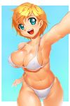  armpits bad_id bad_pixiv_id bikini blonde_hair breasts cleavage face green_eyes highres large_breasts navel onsoku_maru open_mouth orange_hair original short_hair simple_background smile solo swimsuit 
