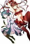  antlers armpits ass bad_id bad_pixiv_id bare_shoulders barefoot blue_hair brown_hair c_(control) choker dress feet flower green_eyes hair_flower hair_ornament head_wings highres horns long_hair mashu_(control) midriff mouth_hold multiple_girls navel nuezou pointy_ears q_(control) red_eyes short_hair strapless thighhighs tubetop twintails 