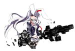  animal_ears bunny_ears cigarette dual_wielding gun highres holding kotatu_(akaki01aoki00) long_hair machine_gun midriff navel reisen_udongein_inaba smoking solo thigh_strap thighhighs touhou weapon 