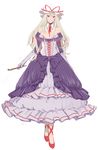  absurdres bad_id bad_pixiv_id bare_shoulders blonde_hair blue_eyes breasts cleavage corset dress elbow_gloves floral_print gloves hat hat_ribbon highres kiseru large_breasts long_hair pinstripe_pattern pipe ribbon shizumi_satou solo striped touhou yakumo_yukari 