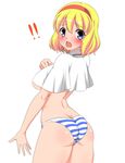  1girl alice_margatroid arched_back ass bad_id bad_pixiv_id blonde_hair blue_eyes blue_panties blush breasts capelet embarrassed hairband kyokutou_hentai_samurai large_breasts open_mouth panties short_hair solo striped striped_panties surprised tears topless touhou underboob underwear underwear_only 