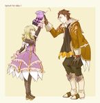 1girl ^_^ alvin_(tales) black_gloves black_legwear blonde_hair boots bow brown_hair closed_eyes coat collar cravat creature dress elize_lutus full_body gloves height_difference high_five knee_boots koniwa long_hair pants purple_dress ribbon smile tales_of_(series) tales_of_xillia teepo_(tales) thigh_boots thighhighs wrist_cuffs yellow_background 