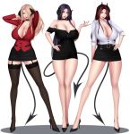  3girls arm_behind_head arm_up baru_(val-val) black_hair black_legwear blonde_hair breasts choker cleavage cosplay curvy demon_girl demon_horns demon_tail fingernails formal full_body garter_straps green_eyes hair_over_one_eye hand_behind_head hand_on_hip high_heels highres holding_pointer horn horns huge_breasts lace lace-trimmed_legwear lips lipstick long_fingernails long_hair long_sleeves looking_at_viewer makeup miniskirt monster_girl multiple_girls nail_polish original parted_lips pencil_skirt pixiv_succubus red_eyes red_hair shoes simple_background skirt skirt_suit standing succubus suit tail teacher thighhighs white_background 