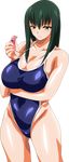  breasts character_request cleavage green_eyes green_hair highres large_breasts oyu_no_kaori simple_background solo swimsuit whistle 