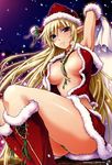  absurdres alleyne_(queen's_blade) back blonde_hair blue_eyes blush boots elbow_gloves elf gloves hat highres leaf_panties leaf_print long_hair night no_bra omega_2-d outdoors panties pointy_ears print_panties queen's_blade santa_boots santa_hat sitting snowing solo underwear 