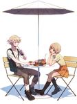  1girl blonde_hair blush drinking drinking_straw food green_eyes hair_ornament hairclip hamburger hands_on_own_face huang_baoling ivan_karelin kneehighs miniskirt okojo_(qqww) pleated_skirt purple_eyes short_hair skirt tiger_&amp;_bunny umbrella vest 