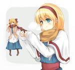  akisa alice_margatroid bad_id bad_pixiv_id blonde_hair blue_eyes bow capelet coat doll dress hair_bow hairband long_hair matching_shanghai scarf shanghai_doll simple_background smile solo touhou upper_body 