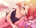  anjou_naruko ano_hi_mita_hana_no_namae_wo_bokutachi_wa_mada_shiranai. bed breasts brown_eyes brown_hair cleavage hair_ornament hairclip kasai_shin large_breasts lens_flare lying on_side solo strap_slip 