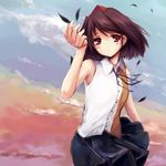  akisa bad_id bad_pixiv_id blush brown_hair cloud expressionless feathers hat looking_at_viewer outdoors red_eyes shameimaru_aya shirt skirt sky sleeveless sleeveless_shirt solo tokin_hat touhou wind 