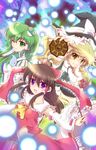  ascot blonde_hair blush bow braid breasts brown_hair danmaku detached_sleeves enjoy_mix frog gohei green_eyes green_hair hair_bow hair_ornament hair_tubes hakurei_reimu hat kirisame_marisa kochiya_sanae long_hair medium_breasts mini-hakkero multiple_girls purple_eyes skirt smile snake touhou witch_hat yellow_eyes 