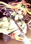  blonde_hair bow breasts chain dress fingerless_gloves gloves green_dress green_eyes hat hinariaoba kusarigama lips lolita_fashion long_hair medium_breasts original polearm sickle solo thighhighs weapon zettai_ryouiki 