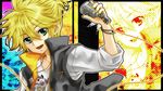  alternate_costume blonde_hair boy bracelet etsuo_(len1827) green_eyes highres jewelry kagamine_len male male_focus microphone musical_note nail_polish necklace open_mouth popped_collar shirt solo t-shirt vest vocaloid zipper 