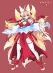  animal_ears antenna_hair bad_id bad_pixiv_id bell blonde_hair breasts bridal_gauntlets cleavage cleavage_cutout detached_sleeves fox_ears fox_tail highres jingle_bell large_breasts long_hair looking_at_viewer mel/a multiple_tails orange_eyes original outstretched_arms simple_background solo spread_arms sword tabi tail thighhighs tsurime weapon white_legwear yellow_eyes 