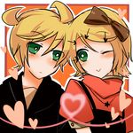  1boy 1girl :&gt; :| apron blonde_hair blush bow boy boy_and_girl female girl green_eyes hair_bow hair_ornament hairpin head_to_head heart kagamine_len kagamine_rin male pair piku_(pikumin2) short_sleeves vocaloid wink 