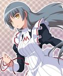  alternate_hairstyle apron bioroid_hei hair_down long_hair maid maria_holic no_headwear ribbon shinouji_matsurika silver_hair solo yellow_eyes 