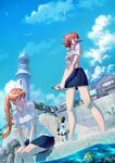  bare_legs bird cloud clownfish day fish food innertube lighthouse midriff mouth_hold multiple_girls orange_eyes orange_hair original oropi outdoors ponytail popsicle shirt sitting skirt sky standing tied_shirt water 