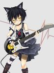  :&gt; animal_ears arm_warmers bare_shoulders black_hair boots breasts cat_ears cleavage collar dress electric_guitar glasses gomibox guitar instrument medium_breasts original plectrum short_hair simple_background single_thighhigh smile solo striped striped_legwear thighhighs vest yellow_eyes 
