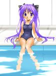  bad_id bad_pixiv_id blue_eyes competition_school_swimsuit covered_navel highres hiiragi_kagami indoors kamia_(not_found) long_hair lucky_star one-piece_swimsuit pool poolside purple_hair refraction school_swimsuit sitting solo swimsuit twintails window 