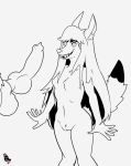  animal_genitalia animal_penis anthro balls breasts canid canine canis duo erection female jackal jakkie_(newd) knot male mammal monochrome newd nipples penis pussy small_breasts solo_focus surprise teeth 