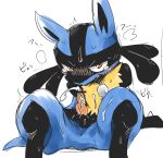  2013 anthro blush canid canine cum doneru hands-free lucario male mammal nintendo open_mouth orgasm penis pok&eacute;mon pok&eacute;mon_(species) simple_background solo video_games 