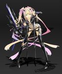  black_legwear blonde_hair boots breasts copyright_request gradient_hair green_eyes grey_background highres leotard long_hair multicolored_hair nil pink_hair pointing shadow small_breasts smile solo spread_legs sword thigh_boots thighhighs twintails weapon 