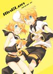  1girl bad_id bad_pixiv_id blonde_hair blue_eyes brother_and_sister hair_ornament hair_ribbon hairclip holding_hands kagamine_len kagamine_rin matsyumaro midriff navel open_mouth ribbon short_hair siblings twins vocaloid 