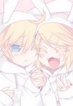  1boy 1girl animal_costume animal_ears blonde_hair blue_eyes blush boy boy_and_girl bunny_costume bunny_ears closed_eyes eyes_closed fang female girl hand_holding holding_hands kagamine_len kagamine_rin laughing male one_eye_closed open_mouth pom_poms pompom sakuragi_mikan_(renmoeee) vocaloid wink 