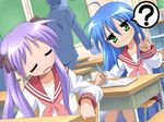  2girls :3 ? blue_hair classroom desk eye_closed eyes_closed game_cg hiiragi_kagami izumi_konata long_hair lucky_star multiple_girls pencil purple_hair raki_kosu school_uniform serafuku v 