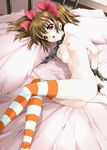  1girl am-dvl bdsm bed black_widow bondage bound bow breasts brown_hair chains collar hair_ribbon kurohime_(spd) nude red_eyes red_hair ribbon rope small_breasts striped striped_legwear striped_stockings thighhighs tied_up twintails yukimura_sayaka 
