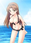  amatsuka_hikaru baby_princess bikini bikini_pull blush breasts breasts_outside brown_eyes brown_hair cleavage frilled_bikini frills front-tie_top hairband large_breasts leaning_forward light_rays long_hair masakichi_(crossroad) navel nipples smile solo sunbeam sunlight swimsuit water 