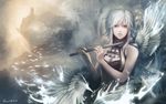  bad_id bad_pixiv_id bare_shoulders bird fantasy flute instrument original red_eyes solo veine white_hair wings 