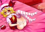  ascot bed bespectacled blonde_hair blush contemporary flandre_scarlet glasses hat leg_lift lying marugoshi_(54burger) md5_mismatch on_bed panties panty_pull short_hair solo striped striped_legwear thighhighs touhou underwear white_panties 