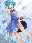  adjusting_eyewear bespectacled blue_eyes blue_hair book bow cirno dress glasses hair_bow highres ice legs open_mouth reio_reio short_hair solo touhou wings 
