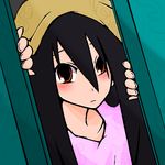  bangs black_hair blanket blush collarbone fingers hair_over_face hiding komori_kiri long_hair lowres object_on_head oga_(o-g-a) patterned peeking peeking_out sayonara_zetsubou_sensei solo 