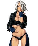  angel_(kof) blue_eyes breasts chaps cleavage fingerless_gloves gloves hair_over_one_eye jacket leather leather_jacket lips medium_breasts midriff nakano_tomokazu navel official_art short_hair solo the_king_of_fighters the_king_of_fighters_neowave white_hair 