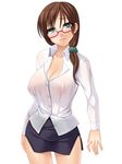  blush bow breasts brown_hair cleavage female frown fujimiya_yuu glasses green_eyes hair_bow large_breasts original ponytail see-through skirt solo 