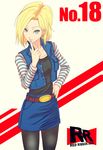  android_18 belt blonde_hair blue_eyes character_name denim denim_skirt dragon_ball dragon_ball_z earrings finger_to_mouth hand_on_hip highres infinote jacket jewelry miniskirt pantyhose shirt short_hair skirt solo vest white_background 