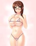  1girl bikini blush breasts brown_hair cameltoe cleavage erect_nipples female frown fujimiya_yuu glasses green_eyes large_breasts long_hair micro_bikini nipples original ponytail pubic_hair see-through solo swimsuit 