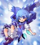  :d bloomers blue_eyes blue_hair blush bobby_socks bow cirno dress fang hair_bow happy kitsune_choukan mary_janes open_mouth scarf shoes short_hair smile socks solo touhou underwear wings 