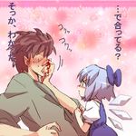  1girl blood blue_eyes blue_hair blush cirno dress faceless faceless_male hetero lowres nosebleed short_hair touhou translated wings yanagida_fumita 