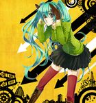  aqua_eyes aqua_hair boots gloves hatsune_miku highres knee_boots long_hair matryoshka_(vocaloid) multicolored multicolored_eyes red_legwear skirt solo sowa thighhighs twintails very_long_hair vocaloid 