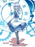  blue_eyes braid clock dress ekus_(xo_ekus) izayoi_sakuya maid maid_headdress pantyhose silver_hair solo touhou twin_braids 